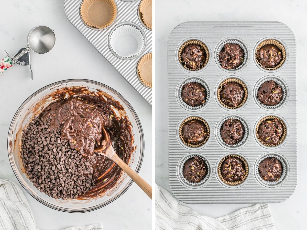 Step by step picture instructions for how to make chocolate zucchini muffins with chocolate chips. 