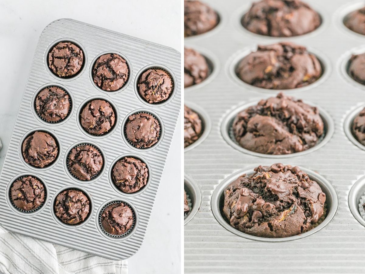 Step by step picture instructions for how to make chocolate zucchini muffins with chocolate chips. 