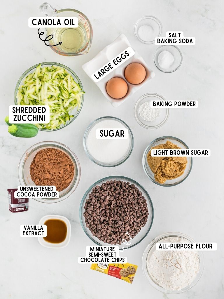 Ingredients needed to make chocolate chip zucchini muffins with each one labeled in black text. 