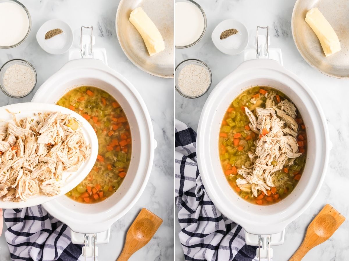 How to make creamy chicken wild rice soup inside of a slow cooker.