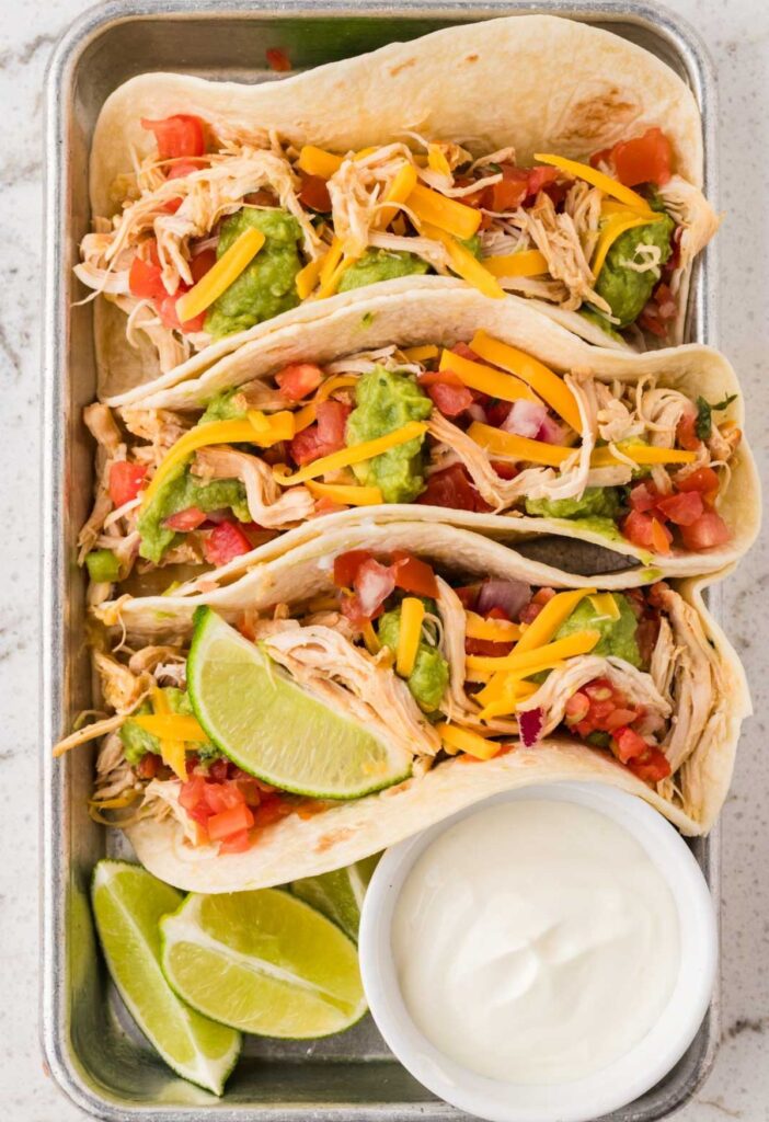 Top view of the shredded chicken tacos