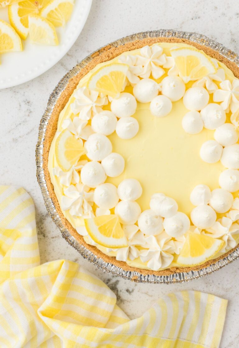 Top view of the no bake lemon pie inside a store bought graham cracker crust.