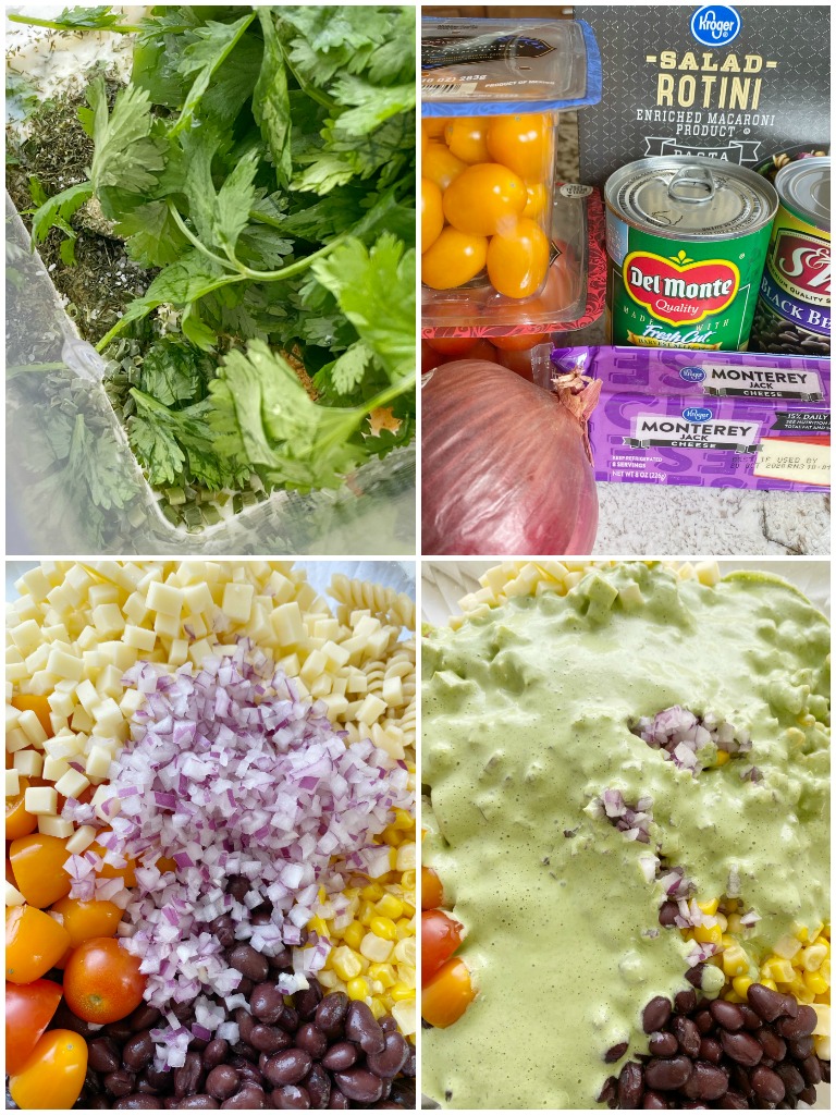 Pasta Salads | Pasta Salad Recipe | Cafe Rio Dressing Pasta Salad | Creamy Cilantro Ranch Pasta Salad is filled with spiral pasta noodles, black beans, corn, red onion, cherry tomatoes, and cubes of cheese with a super creamy (and yummy!) homemade cilantro ranch dressing. #pastasalads #ranch #saladrecipes 