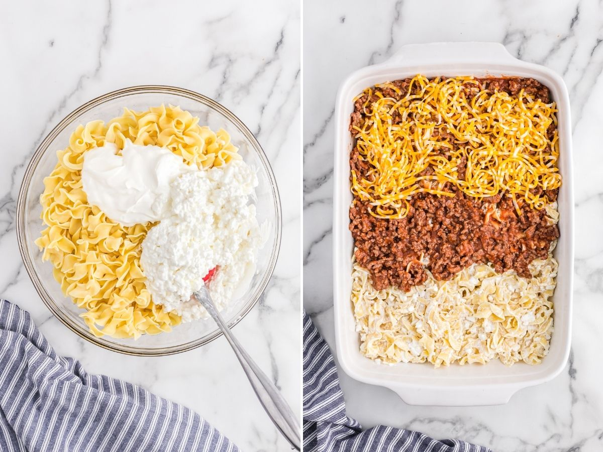 Two steps on how to make creamy beef noodle bake with a bowl of cheesy egg noodles in one picture and the layered casserole in the other picture. 