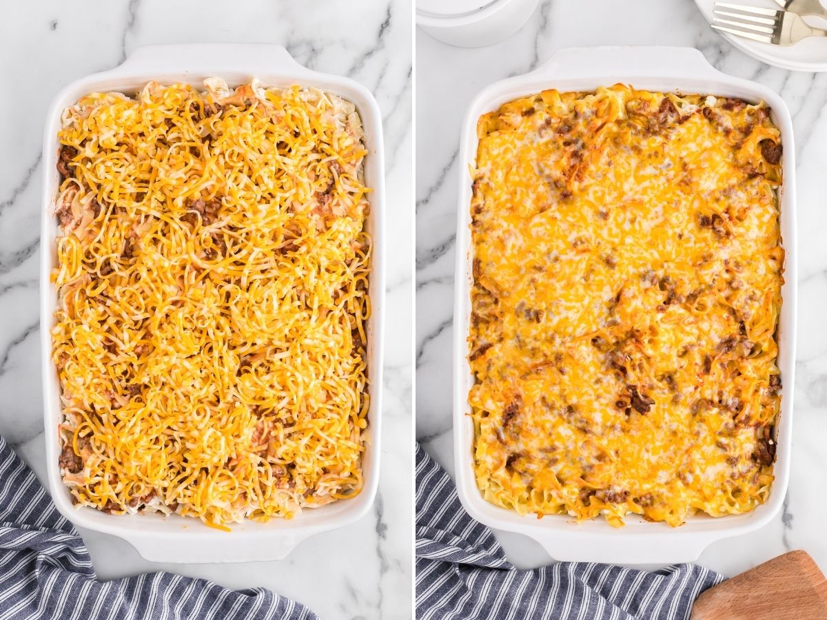 Casserole of creamy beef noodle bake. One uncooked and showing it done in the other photo in the collage. 