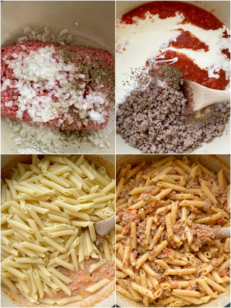 Creamy Tomato Beef Pasta is a 30 minute dinner recipe that the entire family will love! Pasta noodles covered in a creamy tomato ground beef meat sauce. Simple and easy to make.