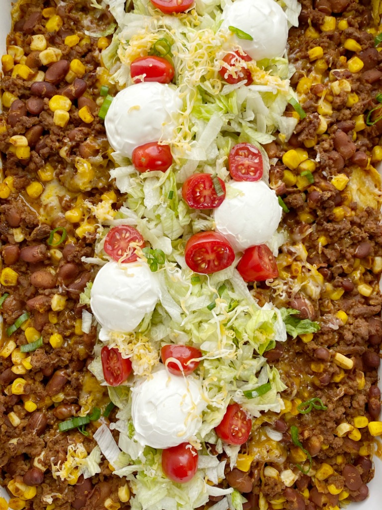 Taco Casserole Recipe | Taco Recipes | Casserole Recipes | Taco Casserole is so quick & easy to make! No chopping required and it uses easy & convenient canned ingredients, ground beef, and fresh taco toppings. 