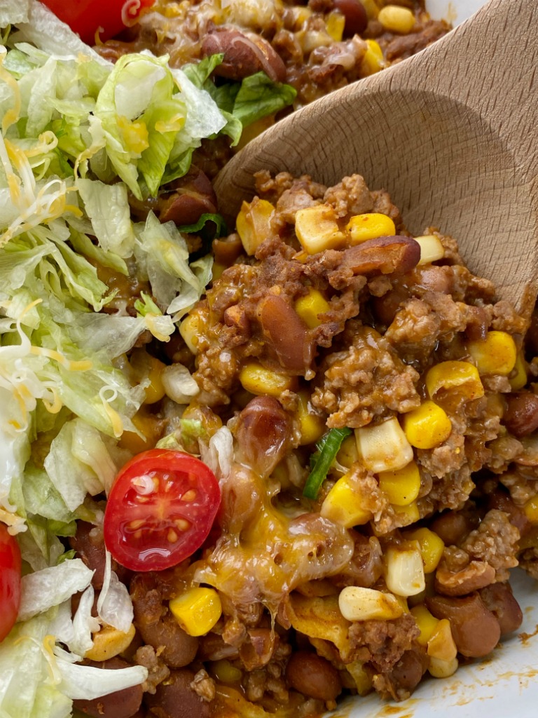 Taco Casserole is so quick & easy to make! No chopping required and it uses easy & convenient canned ingredients, ground beef, and fresh taco toppings.