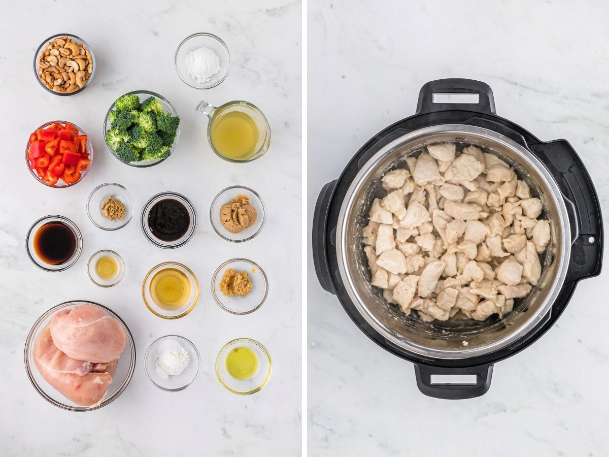 Step by step photos for how to make cashew chicken in the instant pot with two pictures showing the ingredients needed and steps needed to make it.
