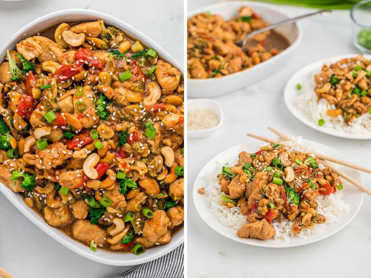 Step by step photos for how to make cashew chicken in the instant pot with two pictures showing the ingredients needed and steps needed to make it.