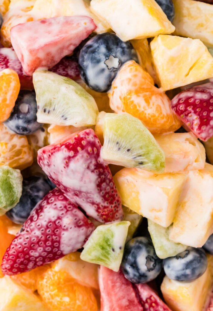 Close up of the fruit salad with dressing