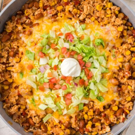 Top view of a skillet pan with ground turkey rice in it.