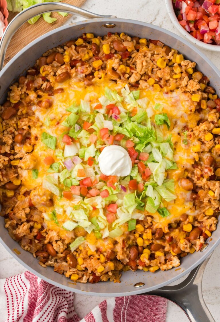 Top view of a skillet pan with ground turkey rice in it.