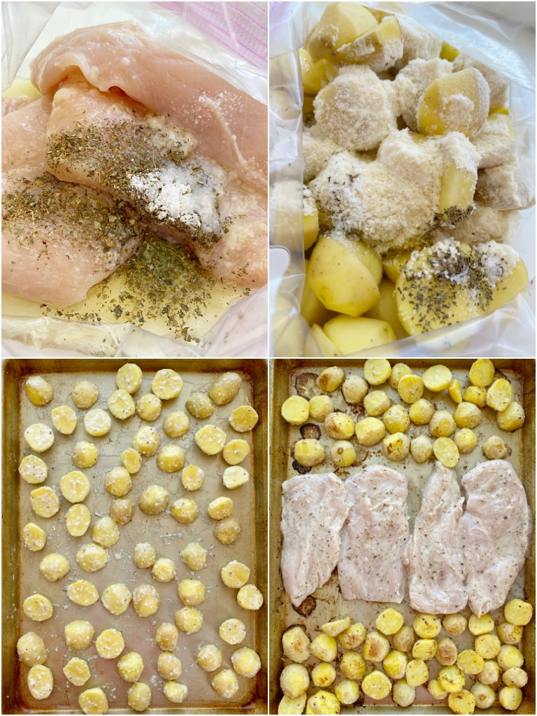 Lemon Chicken and Potatoes is a one sheet pan dinner recipe with crispy, soft lemon parmesan potatoes and juicy lemon garlic chicken breasts.