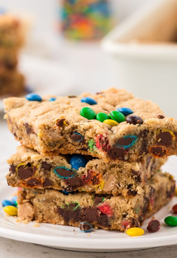 Stack of the cookie bars with mini m&m's
