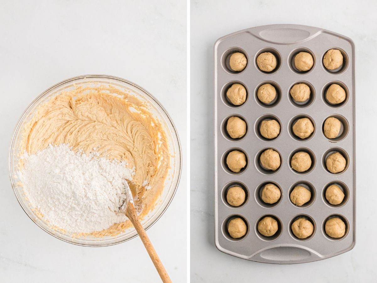 Step by step picture instructions for how to make this cookie cup recipe with peanut butter and chocolate.