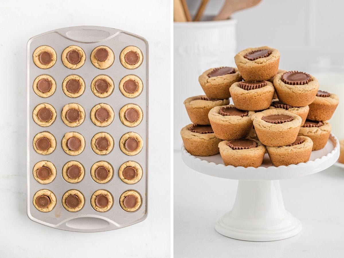 Step by step picture instructions for how to make this cookie cup recipe with peanut butter and chocolate.