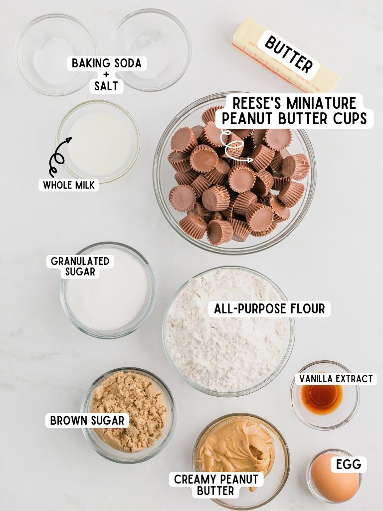 Ingredients needed to make peanut butter cookie cups with each ingredient labeled in black text.
