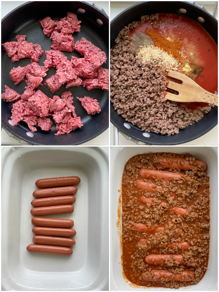 Slow Cooker Chili Coney Dogs are so simple to make in the slow cooker! Hot dogs and the savory ground beef meat sauce cook together in the crock pot. Serve in hot dog buns and top with shredded cheese and finely diced white onion. 