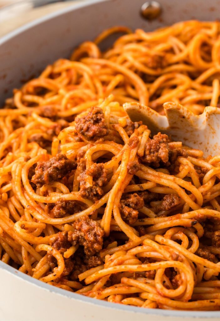 Close up of the spaghetti with a meat sauce