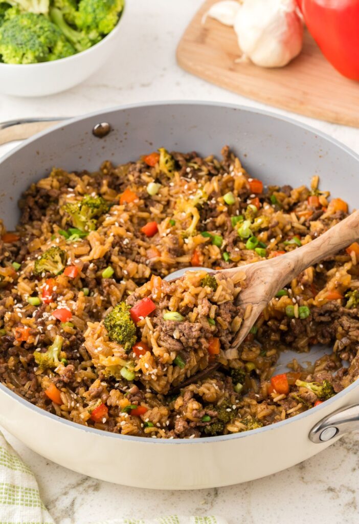 A skillet pan of ground beef and rice