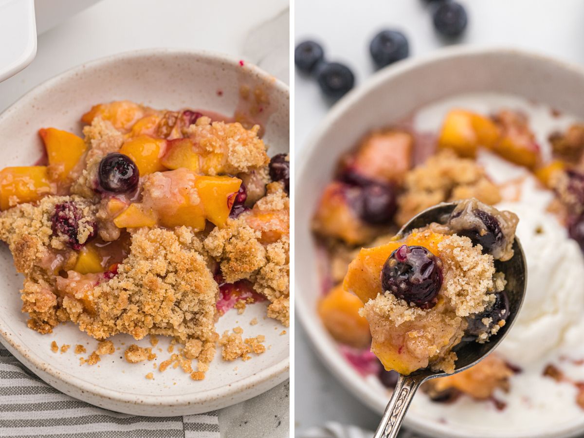 How to make a peach blueberry crisp with these easy to follow picture instructions in this photo collage. 