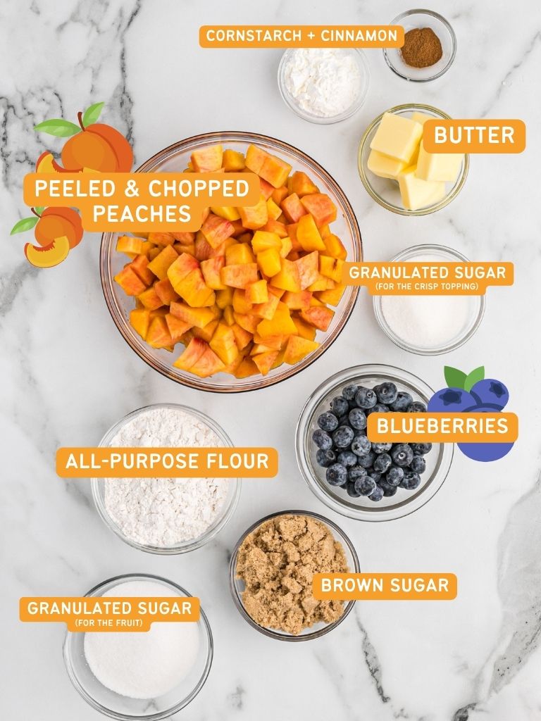 Ingredients for this crisp recipe laid out with each one labeled in text with what it is. 