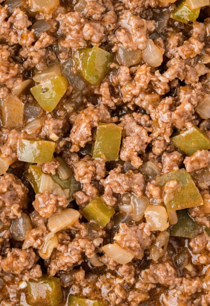 Close up of the ground meat filling for the sloppy joes.