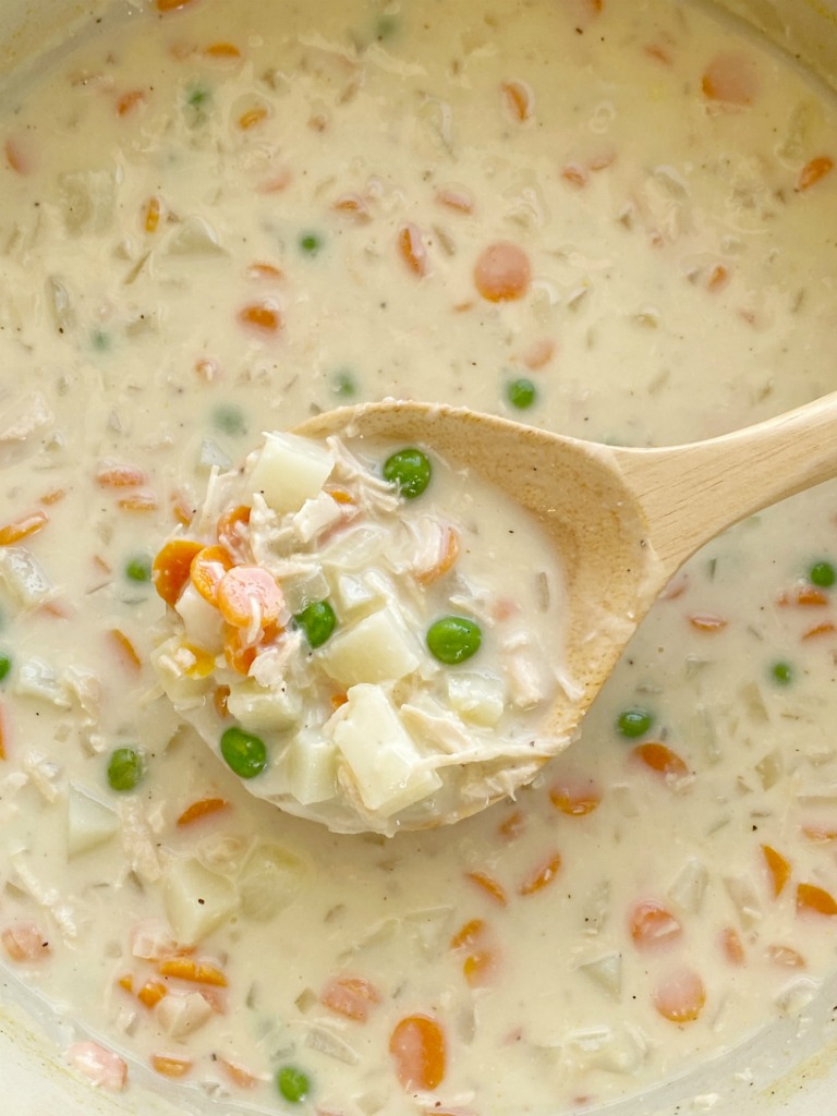 Chicken Pot Pie Soup is so creamy and tastes just like a chicken pot pie! Loaded with hearty vegetables, chicken, and a perfectly seasoned creamy broth base. This homemade soup recipe is perfect for a cold day.