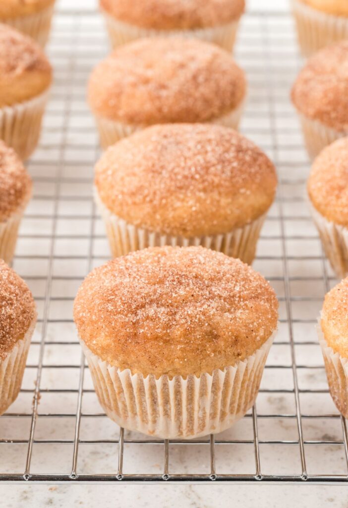 Applesauce muffins on a cooling rack with a buttery cinnamon sugar topping.