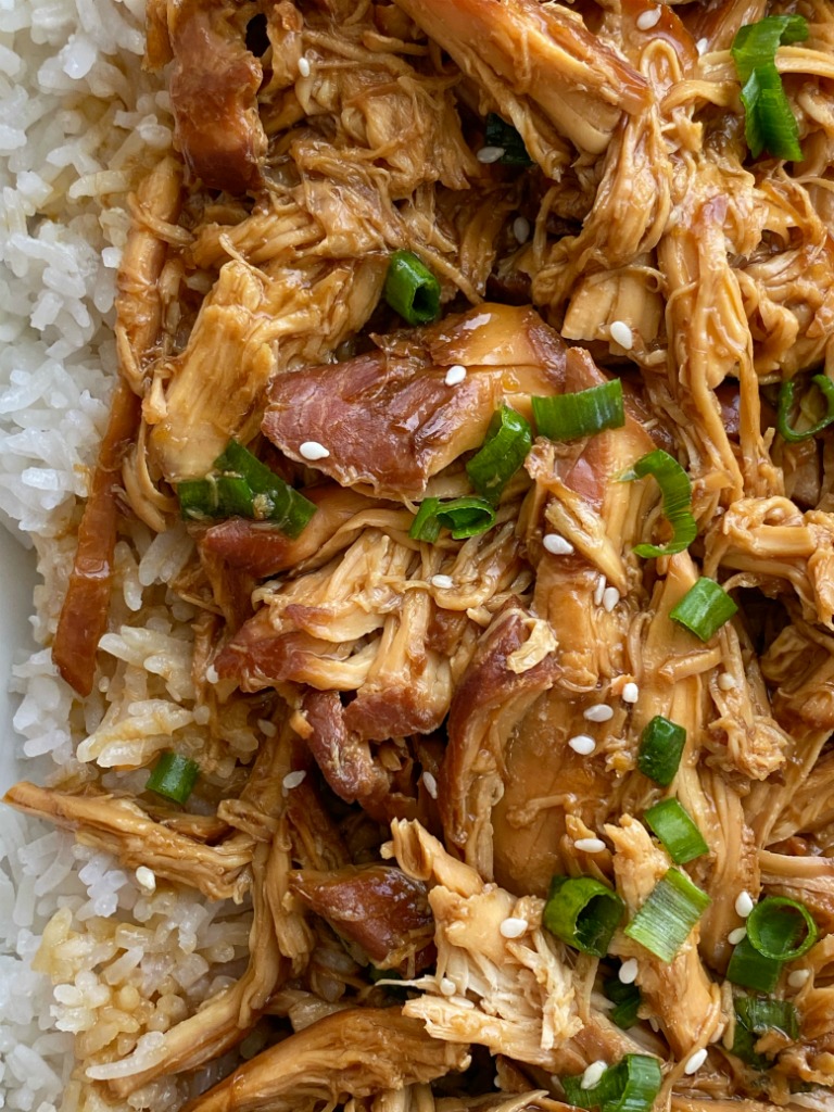 Hawaiian Teriyaki Chicken is made in the slow cooker with only 5 ingredients + chicken! A homemade sweet Hawaiian teriyaki sauce cooks with chicken. Sere over coconut rice for the best dinner!