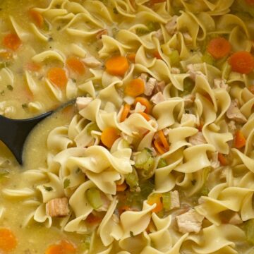 Chicken Noodle Soup cooks on just one pot! Cooked chicken, egg noodles, fresh veggies simmer in one pot in a seasoned chicken broth base. So warm and comforting and even kids will love this easy chicken noodle soup recipe.