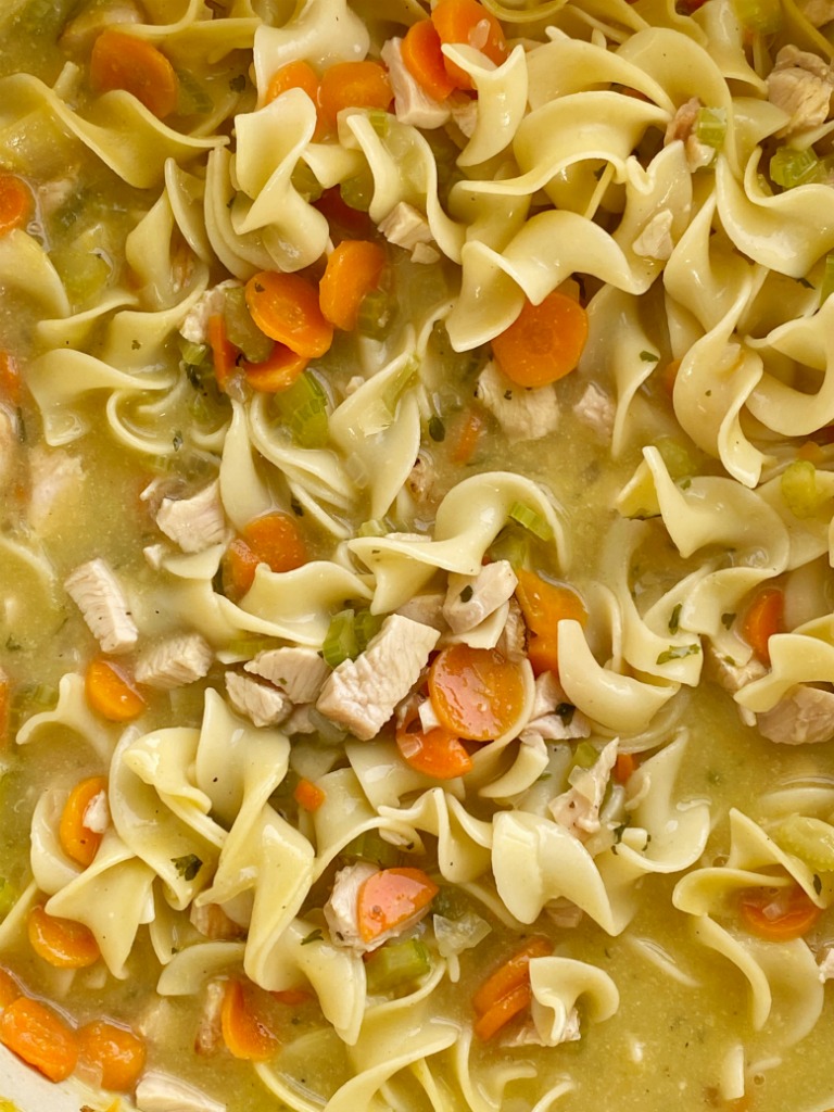 Chicken Noodle Soup cooks on just one pot! Cooked chicken, egg noodles, fresh veggies simmer in one pot in a seasoned chicken broth base. So warm and comforting and even kids will love this easy chicken noodle soup recipe.