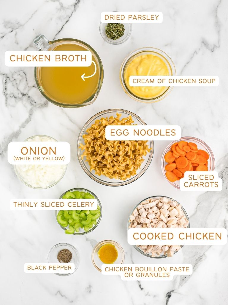 Ingredients for this soup recipe with each one labeled with what it is.
