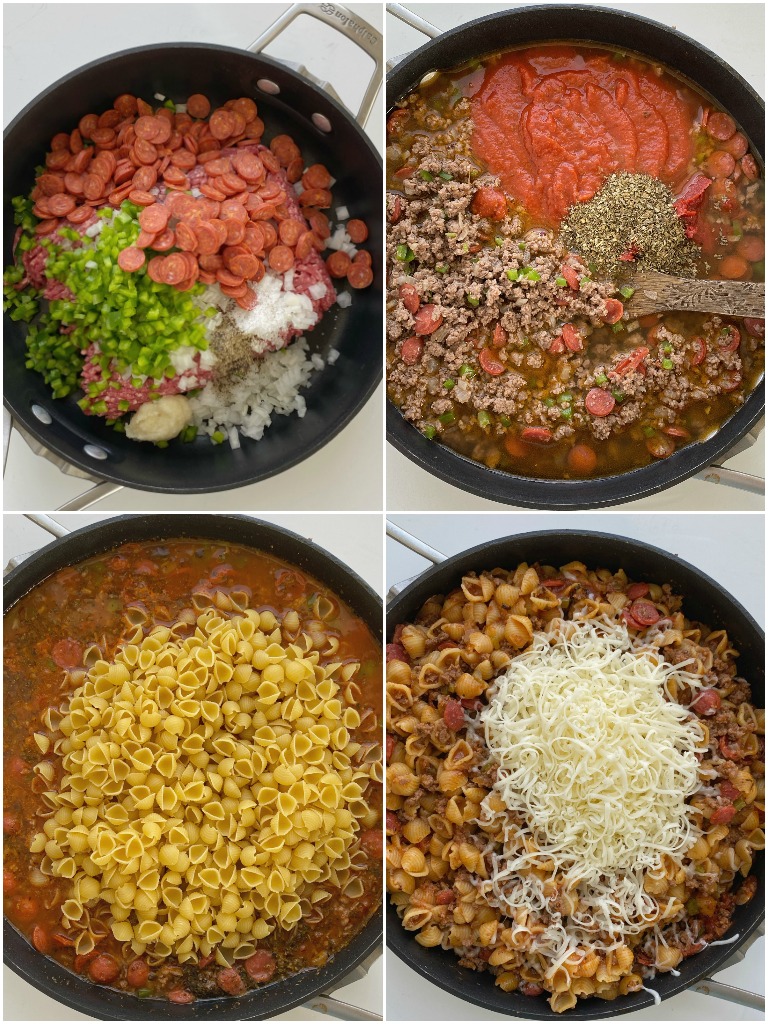 One Pot Pizza Pasta tastes like a pepperoni pizza but it's made in one pot! Ground beef, bell pepper, onion, pepperoni, small shell pasta simmer in a seasoned pizza sauce beef broth base. So cheesy and kid approved!