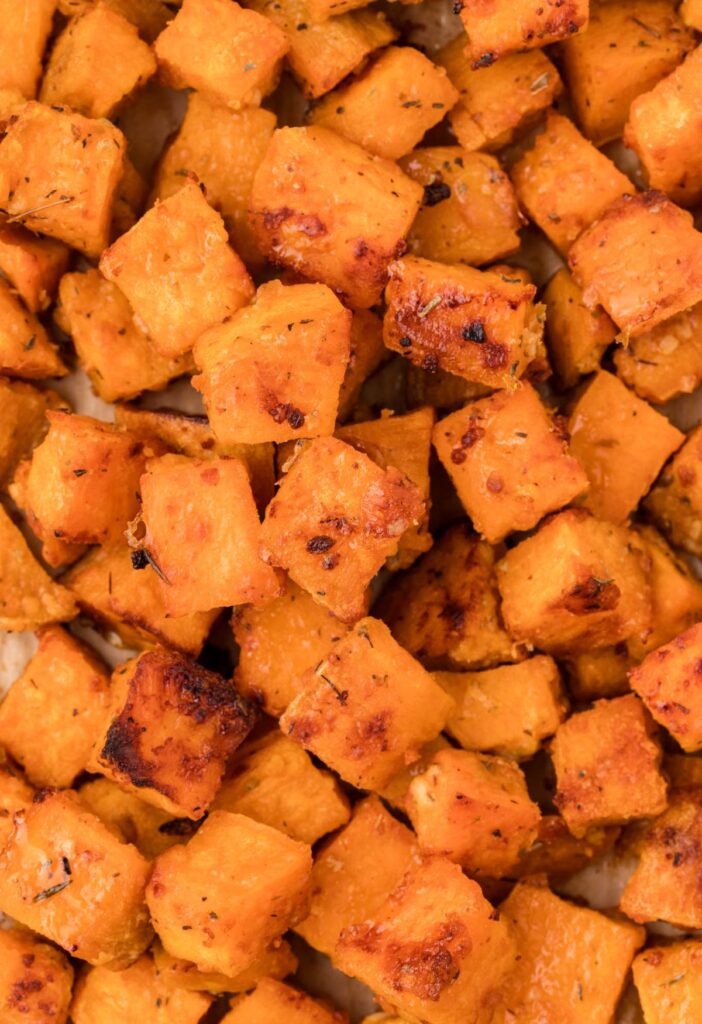 Close up of the charred crispy sweet potato edges. 