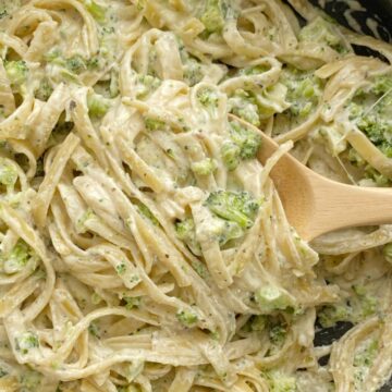 Broccoli Fettuccine Alfredo cooks in just one pot and is ready in 30 minutes! Fettuccine noodles, seasonings, broccoli, and parmesan cheese make this meatless pasta dish so yummy, creamy, and perfect for picky eaters.