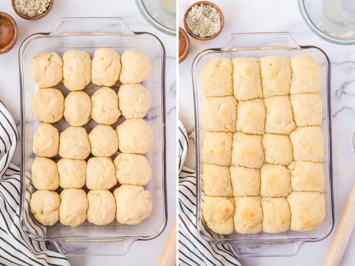 Two pictures of unbaked rolls in the pan and then another picture in the collage showing the baked rolls in the pan. 