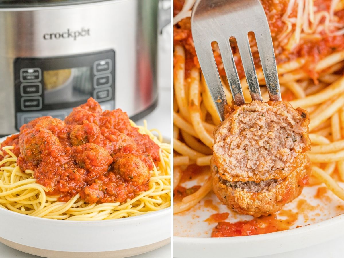 How to make spaghetti and meatballs in the slow cooker with step by step picture collages.