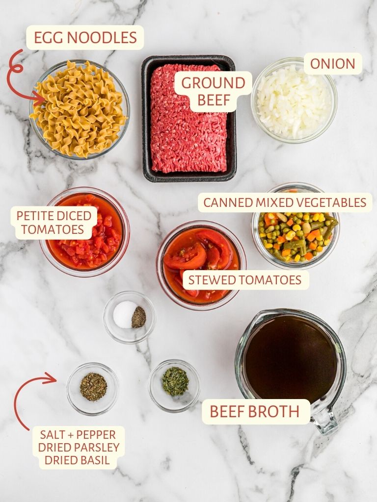 Ingredients for this soup recipe with each one labeled in text with what it is. 