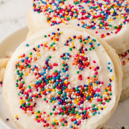 Stack of cookies with one sugar cookie leaning up against it