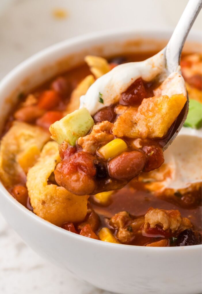 hero image of the chili taco soup with ground turkey