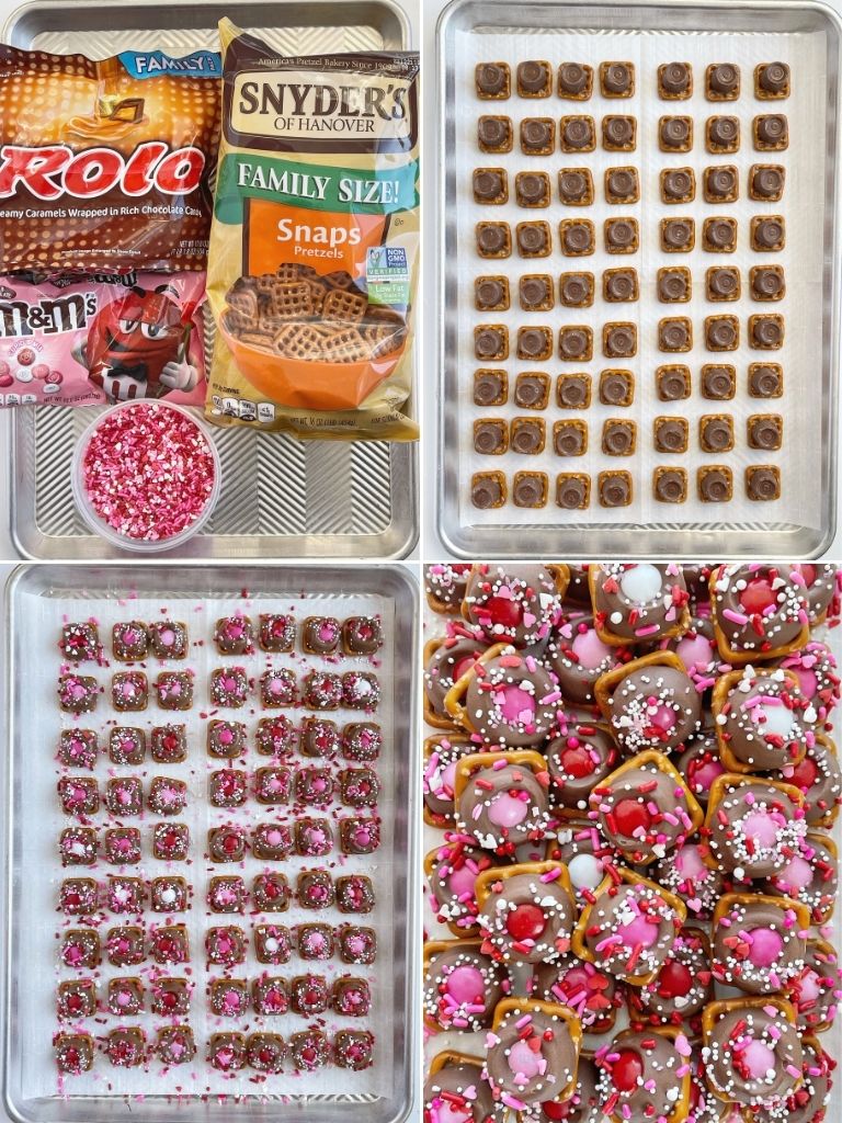 How to make caramel pretzel bites with step-by-step picture directions. These are the perfect Valentines Day recipe and treat with red and pink colors!