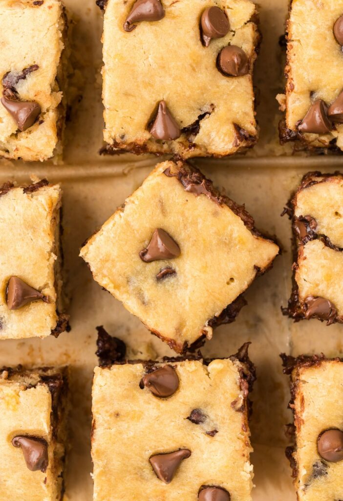 Close up of squares of chocolate chip banana bars