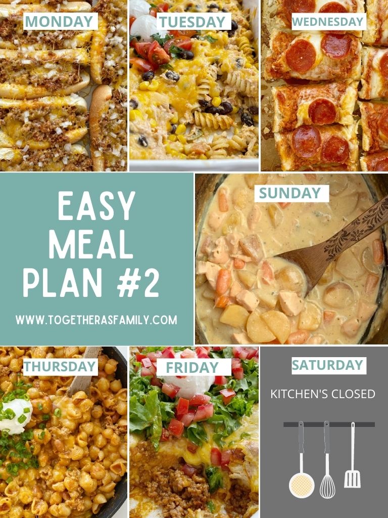 A graphic for easy meal plan for families with a new dinner recipe for each day.