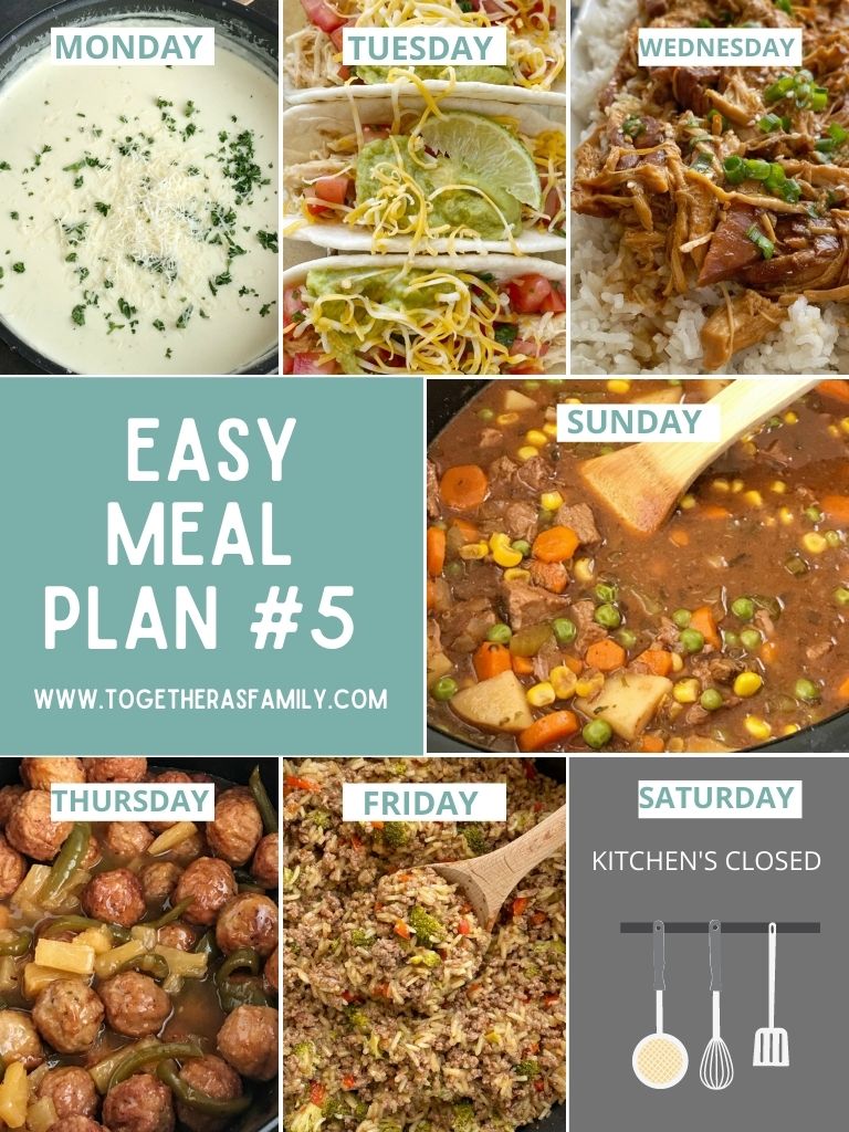An image of the weekly meal plan with 6 different dinner ideas for the week.