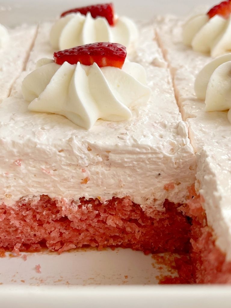 Strawberry cake recipe inside the 9x13 baking pan. 