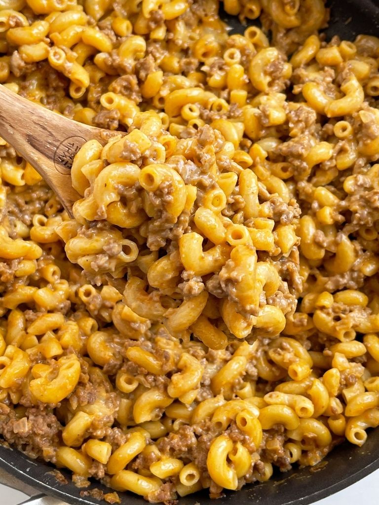 A dinner recipe for ground beef hamburger helper made at home in just one pot. 