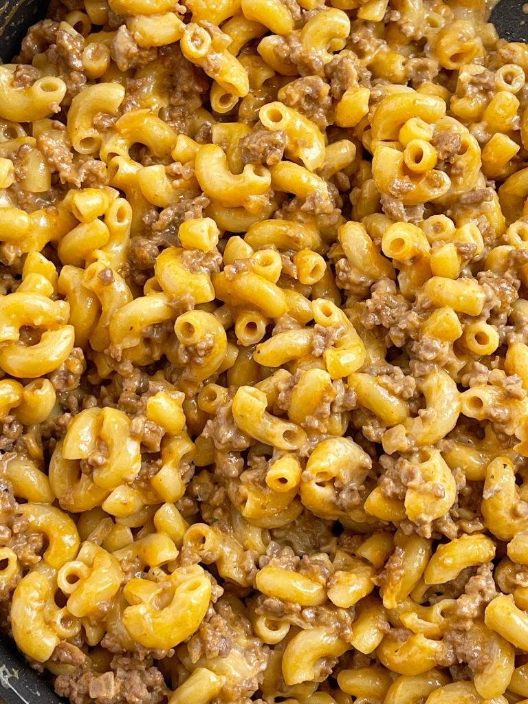 A picture with a close up picture of homemade hamburger helper