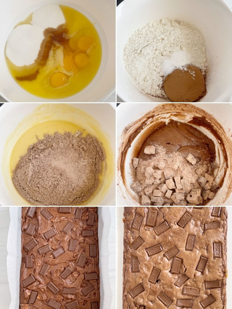 How to make this brownie recipe with pictures of the instructions. This picture shows a collage of 6 pictures. 